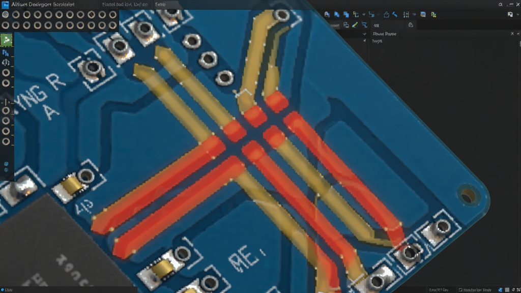 һ��չʾAltium Designer���ܲ��߹��ܵ�ͼƬ������������һ����ɫPCB��ֲ��Ŵ�ͼ�������н�ɫ���ɫ�ĸ������ߣ���ֶ���ƽ���������֣���������ɫ�������棬���ֲ��öԽ��߹�ͼ�����Ϊ�Ƽ�дʵ�磬ϸ�ڰ������ס����̡�˿ӡ����������ǣ����ʸ��壬�ɾ����޶���Ԫ�ء�