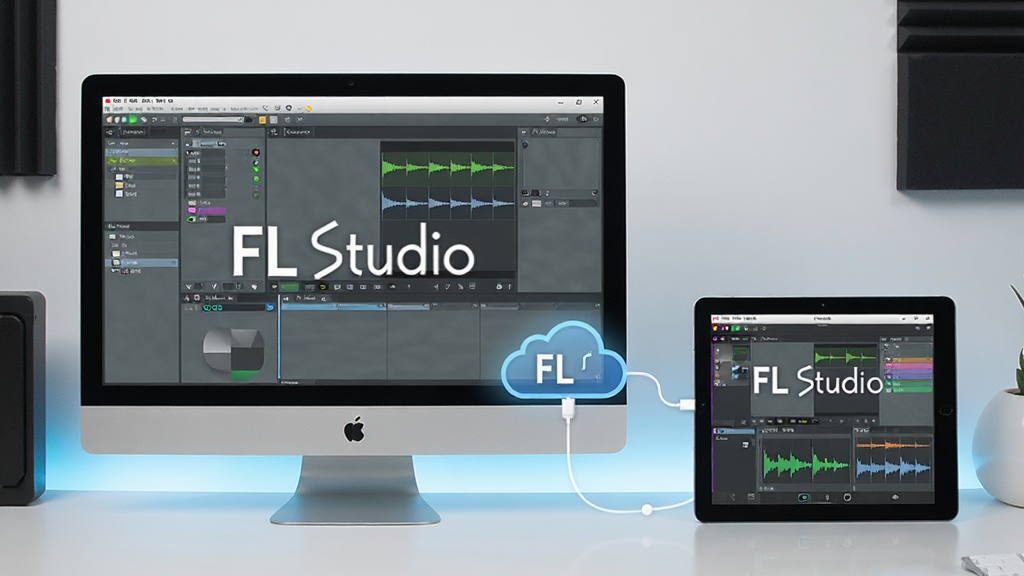 FL Studio��ƽ̨չʾ��������Ļ��ʾFL Studio�������棬�Ա�ƽ�������ʾFL Studio Mobile���棬����ͨ����ͬ�����ӣ�������С�FL Studio����־���ִ��Ƽ���񣬸��廭�ʣ��ɾ��޶���Ԫ��