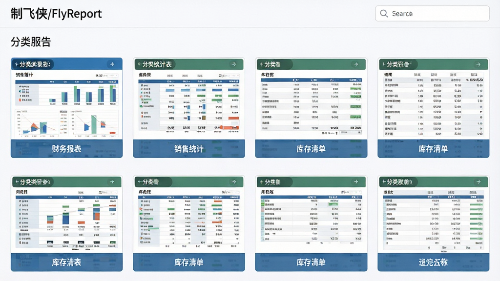 一张展示制表飞侠(FlyReport)模板库界面的图片,画面中排列着多个报表模板缩略图,包括财务报表、销售统计表、库存清单等,每个缩略图下方标注模板名称,整体布局为网格状,排版整齐,风格为清新办公风格,细节包括模板预览图、分类标签、搜索框,画质高清,画面干净,无多余元素