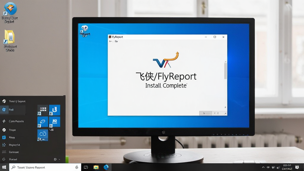 一张展示制表飞侠(FlyReport)在Windows电脑上安装完成的图片,画面中桌面出现软件快捷方式图标,软件窗口正在打开,整体布局为桌面环境,排版自然,风格为真实办公场景风格,细节包括快捷方式图标、任务栏、开始菜单,画质高清,画面干净,无多余元素