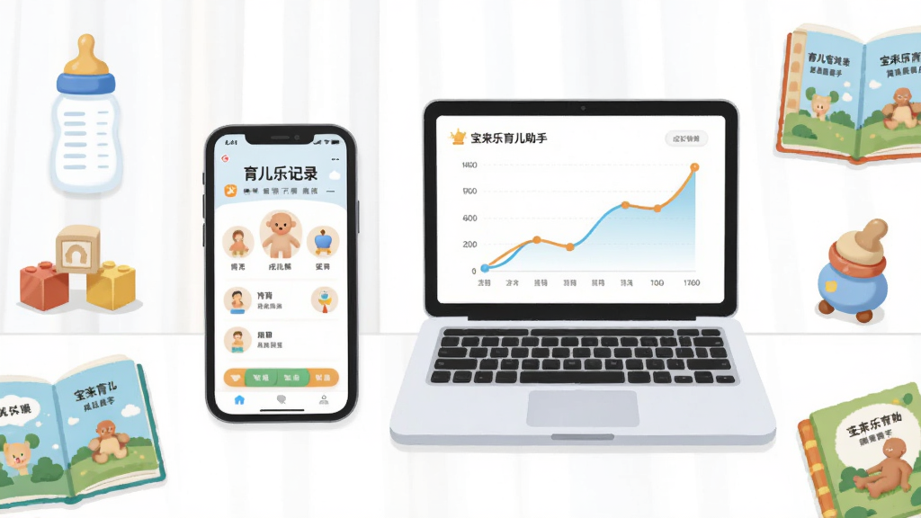 画面中央放置一部手机与一台笔记本电脑,手机屏幕显示育儿记录界面,电脑屏幕显示成长曲线图表,周围环绕奶瓶、积木、绘本等育儿元素,布局采用左右对称的桌面平铺风格,排版干净留白充足,风格为扁平化插画,细节上手机与电脑边框圆润、图标简洁,画质清晰明亮,画面中文字标注“宝来乐育儿助手”,整体干净无多余元素