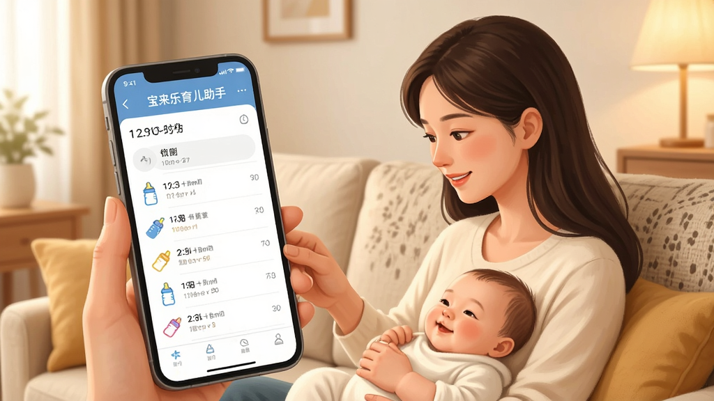 画面主体为一位年轻妈妈坐在沙发上用手机记录宝宝喂养时间,手机屏幕显示时间轴列表与奶瓶图标,背景为温馨客厅,布局采用人物居中、手机界面放大的构图,排版上信息层级分明,风格为温暖写实插画,细节包括沙发纹理、柔和灯光、手机界面上的“宝来乐育儿助手”字样,画质细腻干净,无多余装饰元素