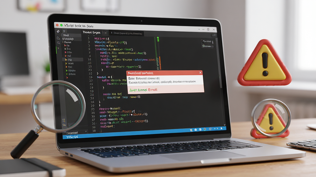 һ��չʾVBScript�ű��༭����Գ�����ͼƬ��������һ̨�ʼǱ�������Ļ����ʾ����༭�����棬�Ա��зŴ󾵺;���ͼ�꣬����Ϊ����̨�ӽǣ����Ϊ�ִ��칫�磬ϸ�ڰ��������кʹ�����ʾ�򣬻��ʸ���ɾ��޶���Ԫ��