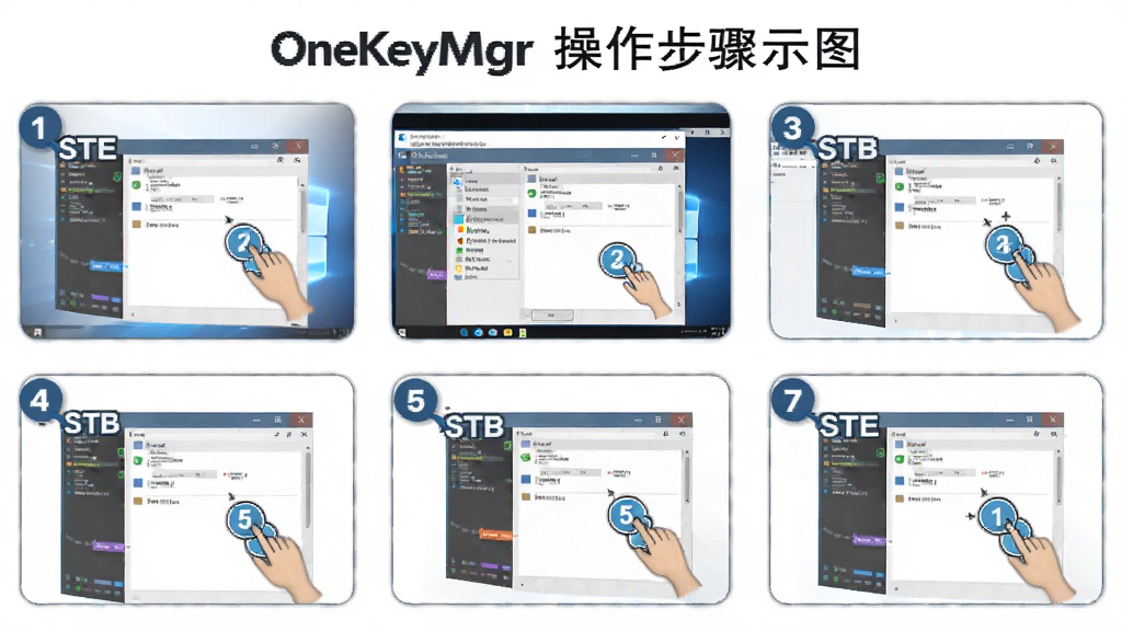 OneKeyMgr 操作步骤示意图,主体为电脑屏幕显示软件操作界面,布局为分步操作截图排列,排版清晰有序,风格为教程图解风格,细节包含鼠标点击位置标注与步骤编号,画质清晰,画面干净,无多余元素