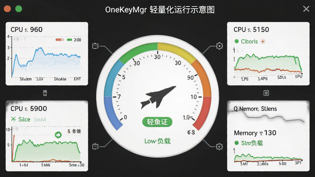 OneKeyMgr 轻量化运行示意图,主体为软件进程占用资源极低的监控画面,布局为中央仪表盘与周围数据标签,排版紧凑,风格为数据可视化风格,细节包含 CPU 与内存占用曲线、绿色低负载标识,画质清晰,画面干净,无多余元素