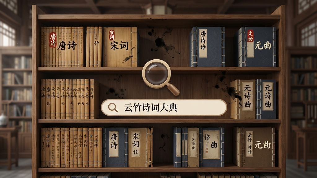 云竹诗词大典海量诗词典藏库界面截图,画面展示巨大的书架造型,书架上整齐排列着不同朝代的诗词典籍,每本书籍封面标注朝代名称如“唐诗”“宋词”“元曲”等,画面中央有一个放大镜图标表示搜索功能,搜索框内显示“云竹诗词大典”字样,整体布局为图书馆场景,风格为古典写实,细节包括竹简纹理、线装书脊、墨香氛围,画质高清,干净无多余元素
