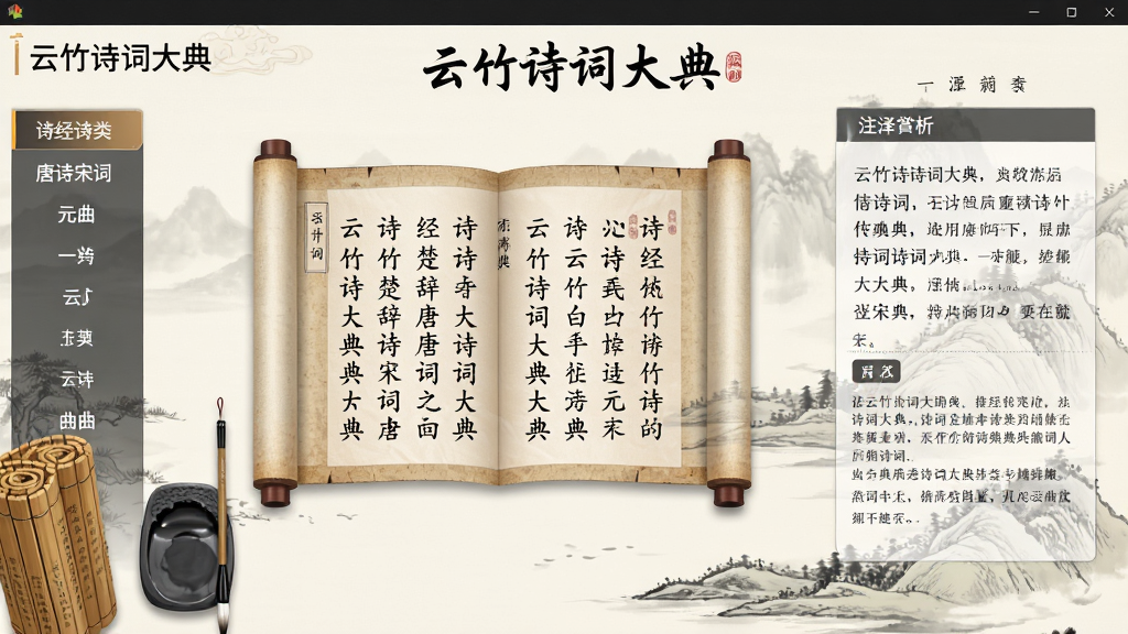 云竹诗词大典软件主界面全貌,画面中央展示古风书卷展开的诗词内容,左侧为分类导航栏包含诗经楚辞唐诗宋词元曲等,右侧为诗词正文与注释赏析区域,背景为淡雅水墨山水风格,整体布局清晰对称,画面风格为中国古典雅致风,细节包括毛笔、砚台、竹简等文化元素点缀,画质高清,干净整洁,无多余元素,图片中文字标注“云竹诗词大典”