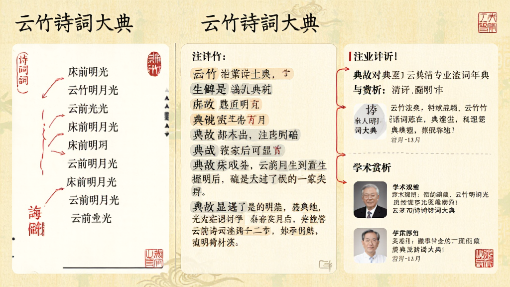 云竹诗词大典专业注释与赏析功能界面,画面左侧展示诗词原文如“床前明月光”,右侧展示详细注释与赏析文字,注释区域用不同颜色标注生僻字词解释和典故出处,赏析区域配有专家头像与学术引用标注,背景为淡黄色宣纸质感,风格为学术古典风,细节包括红色批注线条、印章图案,画质高清,干净整洁,图片中文字标注“云竹诗词大典”