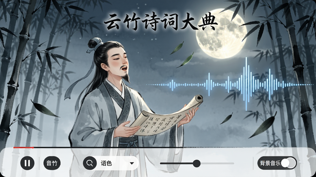 云竹诗词大典朗读与发音功能界面,画面展示一个古风人物正在吟诵诗词,旁边有音波可视化效果,界面下方有播放控制条包括播放暂停、音色选择、语速调节、背景音乐开关,背景为月下竹林场景,风格为中国风水墨动画,细节包括飘落的竹叶、月光光晕,画质高清,干净整洁,图片中文字标注“云竹诗词大典”