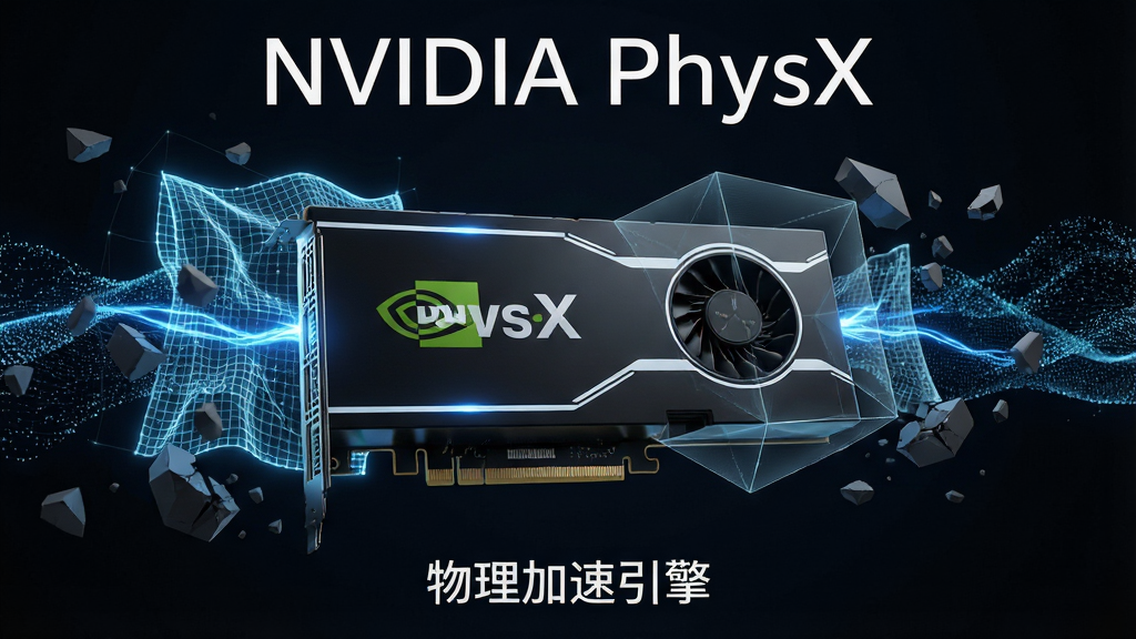 一张展示NVIDIA PhysX物理加速引擎核心全貌的科技风格图片,画面主体为一块带有NVIDIA标志的显卡悬浮在深色背景中,周围环绕着发光的布料模拟网格、破碎的刚体碎片与流动的粒子效果,布局采用居中构图,上方用简洁无衬线字体写着“NVIDIA PhysX”,下方用较小字号写着“物理加速引擎”,整体风格为深色科技风,细节包含发光的蓝色能量线条与半透明物理碰撞线框,画质为4K高清,干净,无多余元素