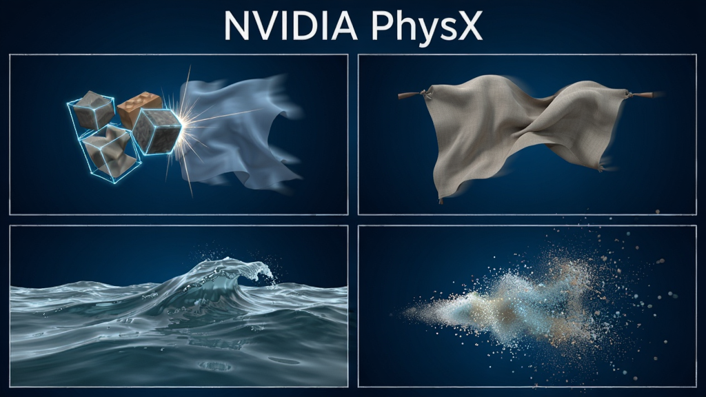 一张展示NVIDIA PhysX多领域物理效果模拟的合成图,画面分为四个区域分别展示刚体碰撞、布料飘动、流体波浪与粒子飞散效果,每个区域用细线边框分隔,背景为深蓝色渐变,上方居中位置用白色字体写着“NVIDIA PhysX”,风格为写实渲染与科技感结合,细节包含发光的物理碰撞线框与动态模糊效果,画质为高清,干净,无多余元素