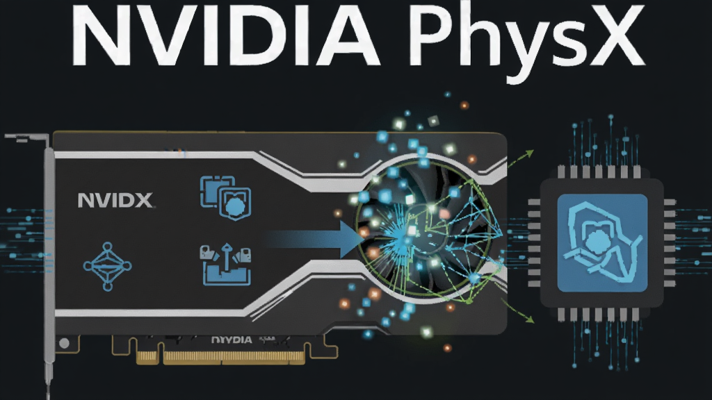 一张展示NVIDIA PhysX GPU硬件加速物理运算的示意图,画面主体为一块NVIDIA显卡与CPU并排布局,中间用箭头连接表示任务分配,显卡一侧显示大量发光的物理粒子与碰撞线框,CPU一侧显示游戏逻辑图标,背景为深灰色,上方用白色字体写着“NVIDIA PhysX”,风格为扁平科技插画,细节包含蓝色光效与数据流动线条,画质清晰,干净,无多余元素