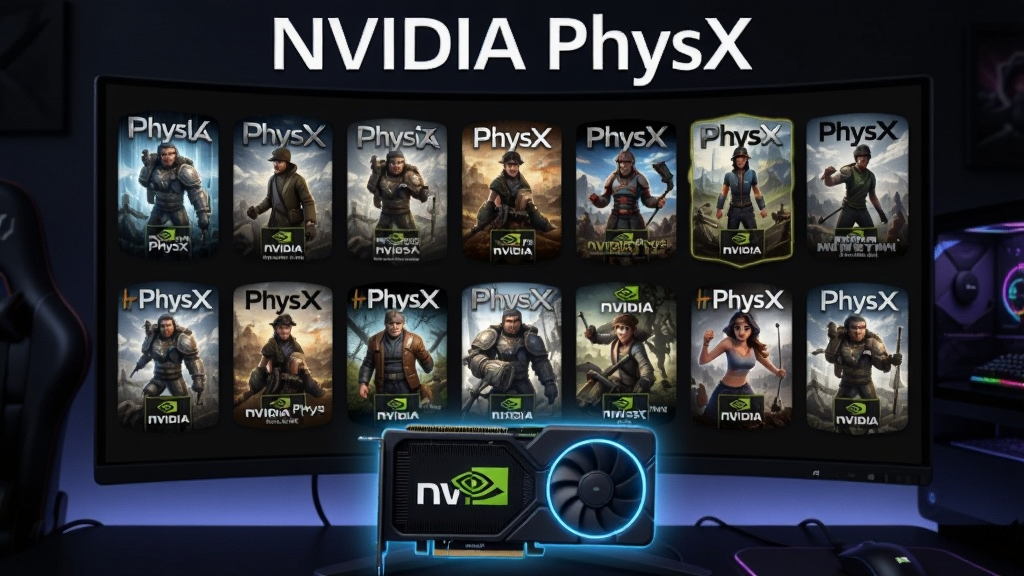 一张展示NVIDIA PhysX广泛游戏兼容性的图片,画面主体为一台显示器屏幕上排列着多个游戏封面图标,屏幕下方有一块NVIDIA显卡发出蓝色光芒,背景为深色电竞房环境,上方用白色字体写着“NVIDIA PhysX”,风格为游戏科技风,细节包含发光的游戏图标与显卡光效,画质清晰,干净,无多余元素