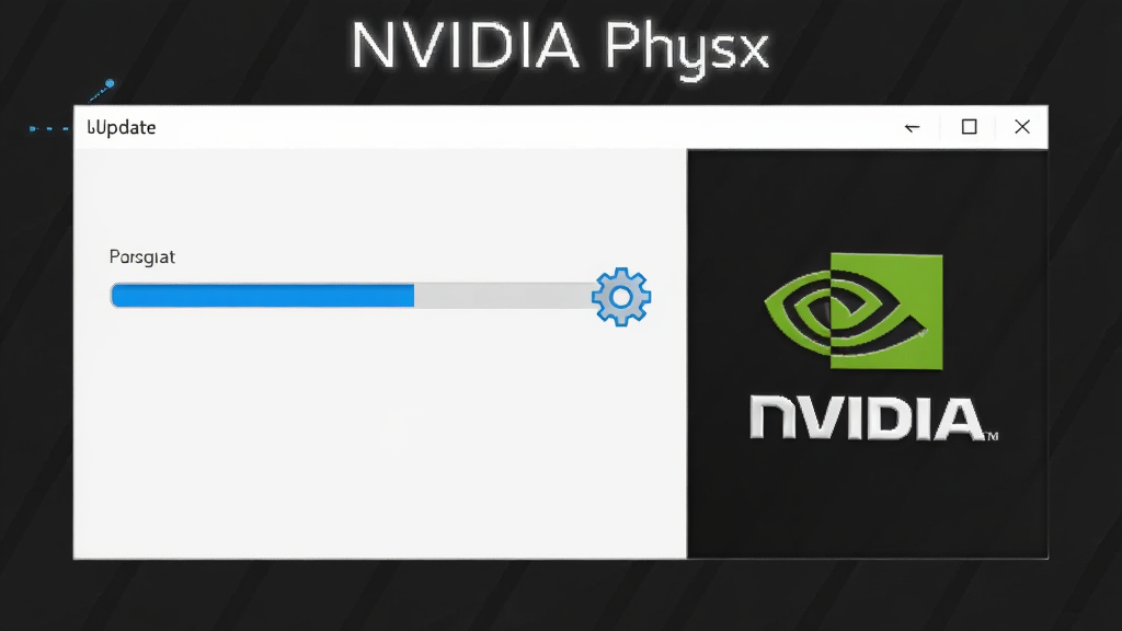 一张展示NVIDIA PhysX与显卡驱动整合更新的示意图,画面主体为一个软件更新界面窗口,窗口内显示进度条与NVIDIA标志,背景为深灰色,窗口上方用白色字体写着“NVIDIA PhysX”,风格为简洁UI风格,细节包含蓝色进度条与齿轮图标,画质清晰,干净,无多余元素