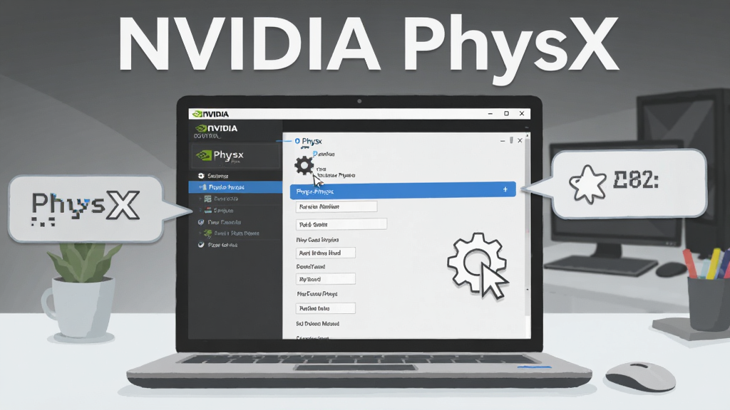 一张展示NVIDIA PhysX使用指南与常见问题解决的示意图,画面主体为一台打开的笔记本电脑屏幕显示NVIDIA控制面板PhysX设置界面,旁边有鼠标指针和提示气泡,背景为简洁办公桌面,上方用白色字体写着“NVIDIA PhysX”,风格为扁平UI插画,细节包含蓝色高亮选项与齿轮图标,画质清晰,干净,无多余元素