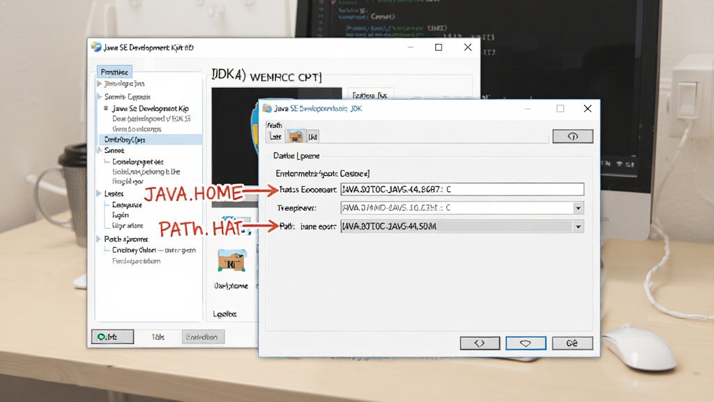 Java SE Development Kit (JDK) �����������ò���ʾ��ͼ������չʾWindowsϵͳ���Դ����뻷�������༭���棬�ص��עJAVA_HOME��Path·������дλ�ã�����Ϊǳɫ�칫���棬����������ֱ�ۣ�ϸ����ȷ�����ʸɾ����޶���Ԫ��
