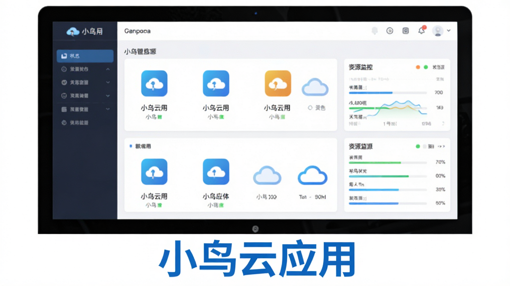 一个电脑屏幕显示小鸟云应用的管理面板,面板上排列着多个应用图标和资源监控图表,屏幕下方用蓝色字体标注