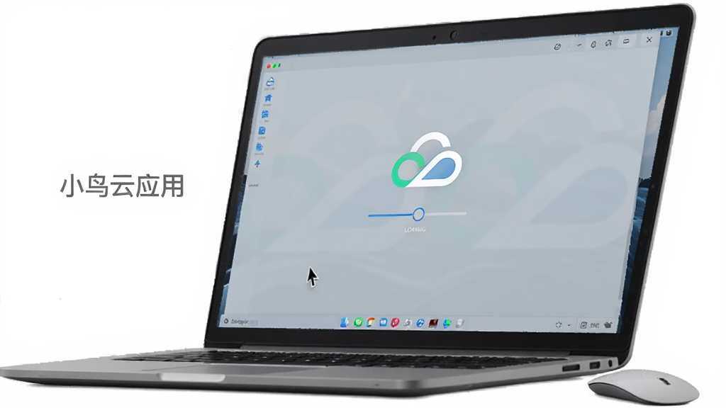 一台笔记本电脑屏幕上显示小鸟云应用的启动界面,界面中央有小鸟云LOGO和加载进度条,电脑旁边用灰色小字标注