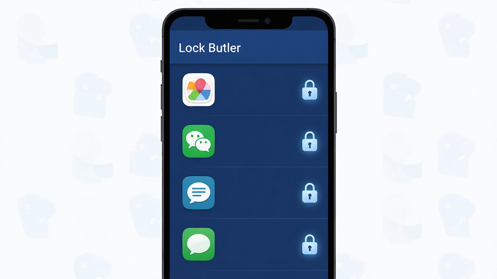 一张展示 Lock Butler 软件主界面的手机截图风格插画,画面中央是一部竖屏安卓手机,屏幕上显示 Lock Butler 的应用列表锁定界面,顶部有