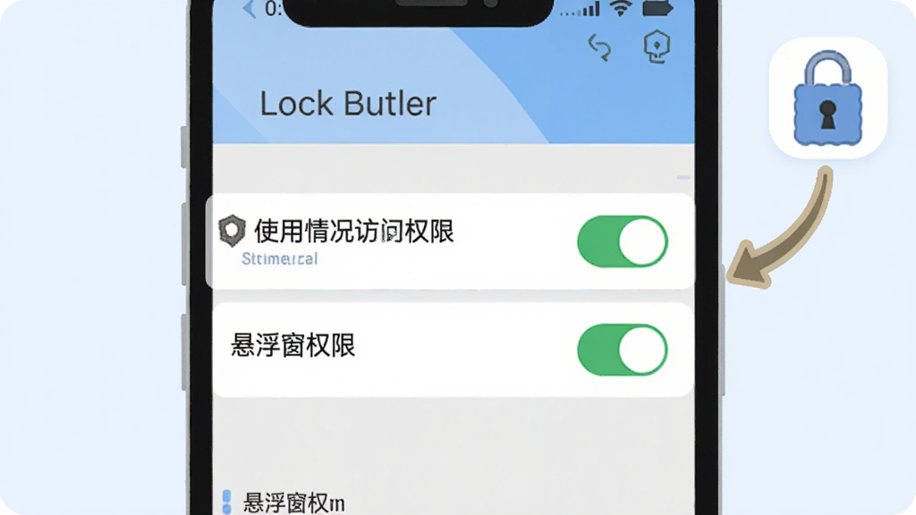 一张展示 Lock Butler 权限设置引导页的手机截图风格插画,画面中手机屏幕显示系统设置界面,高亮标注