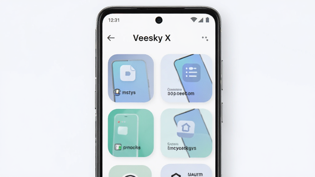 һ��չʾ Veesky X �ֻ�Ӧ���������ͼƬ������Ϊһ����׿�ֻ�����Ļ��ʾ Veesky X Ӧ����ҳ������Ϊ�������������·����ܿ�Ƭ�����Ű���У����Ϊ�ִ���Լ�Ƽ��磬ϸ�ڰ���Բ��ͼ�ꡢ�����Ӱ��ǳɫ���������ʸ��壬�ɾ����޶���Ԫ��