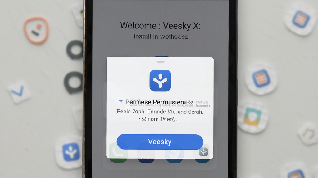 һ����׿�ֻ�չʾ Veesky X Ӧ�ð�װ��ɺ���״���������ҳ�棬����Ϊ�ֻ���Ļ��ʾ��ӭ���Ȩ�����󵯴�������Ϊ���п�Ƭʽ���Ű��࣬���Ϊ�ִ�Ӧ���������棬ϸ�ڰ�����ɫ��ť��Ȩ��˵�����֡�Ӧ��ͼ�꣬���ʸ��壬�ɾ����޶���Ԫ��