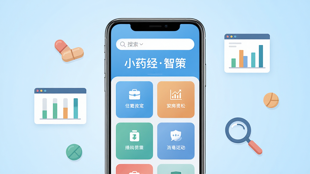 画面中央一部智能手机,手机屏幕显示“小药经智策”应用主界面,界面布局清晰,上方为搜索栏,下方为功能模块卡片,背景为干净的浅蓝色渐变,手机周围环绕着药丸、数据图表、放大镜等扁平化图标,整体风格清新专业,排版简洁,画质高清,干净无多余元素