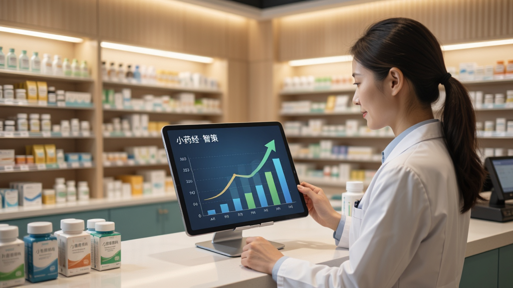 画面展示一个现代化的药店内部场景,柜台后的药剂师正看着平板电脑,平板屏幕上显示“小药经智策”的数据分析图表,图表有上升的曲线和柱状图,药店货架整齐,灯光柔和,整体氛围专业且温馨,画质高清,细节丰富,无杂乱元素