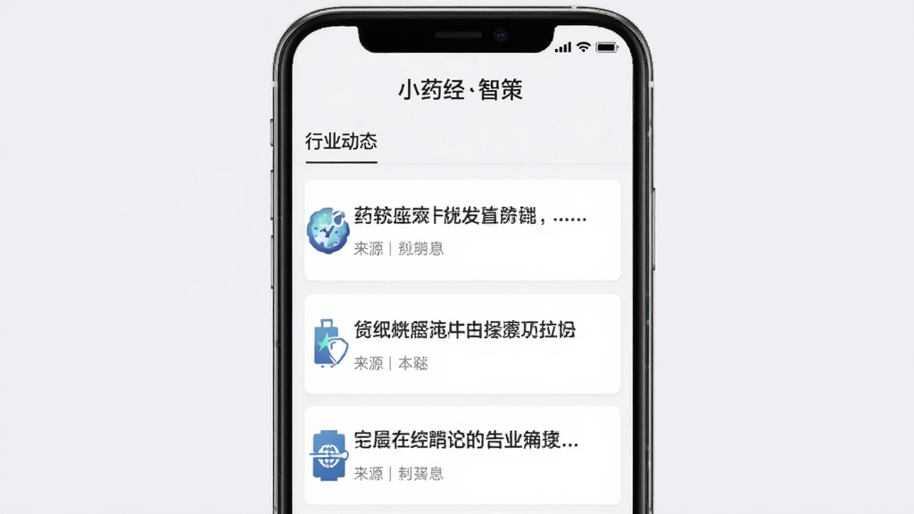 手机界面截图,展示“小药经智策”的资讯页面,页面顶部有“行业动态”标签,下方是新闻列表,每条新闻配有简洁的标题和来源图标,界面采用卡片式设计,背景为极浅的灰色,文字清晰易读,整体风格简约商务,画质干净,无多余元素