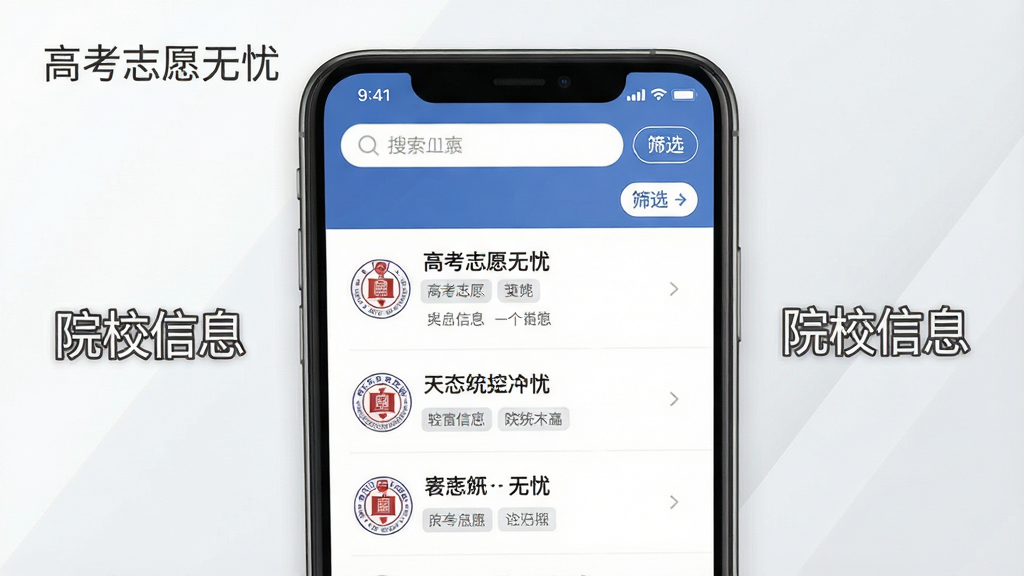һ��չʾ�߿�־Ը����APPԺУ��Ϣ������ܵĽ����ͼ���ͼƬ����������Ϊ�ֻ���Ļ����Ļ����ʾԺУ�б�ҳ�棬ÿ��ԺУ�Ա���У��ͼ��ͻ�����Ϣ��ǩ����Ļ�Ϸ����������ɸѡ��ť������Ϊ��ɫ��ǳ��ɫ���䣬��������񡣻����а������֡��߿�־Ը���ǡ��͡�ԺУ��Ϣ�����������岼�����������ʸɾ����޶���Ԫ�ء�