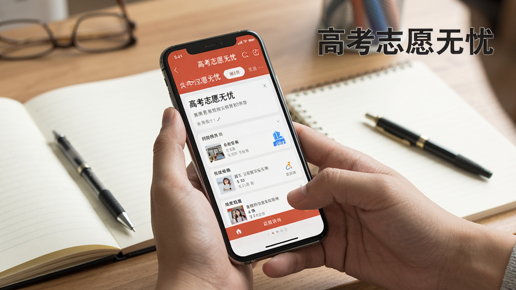 һ��չʾ�߿�־Ը����APP���ֻ����������еĳ���ͼ����������Ϊһ˫�ֳ������ֻ����ֻ���Ļ��ʾ�߿�־Ը���ǵ�ԺУ�Ƽ�ҳ�档����Ϊ���������������бʼǱ��ͱʡ��������������ʵ��ǿ�������а������֡��߿�־Ը���ǡ����Ű���Ȼ�������������ɾ��޶���Ԫ�ء�