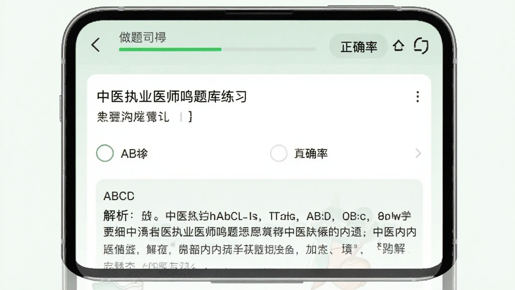 ��ҽִҵҽʦ����������ϰ���棬�ֻ���Ļչʾһ����ҽ�ڿ�ѧ��ѡ�⣬��Ŀ�·���ABCD�ĸ�ѡ�����ϸ�������֣����涥����ʾ������Ⱥ���ȷ�ʣ������ǵ��ŵ�ǳ��ɫ��������ɾ����࣬�����������޶���Ԫ��