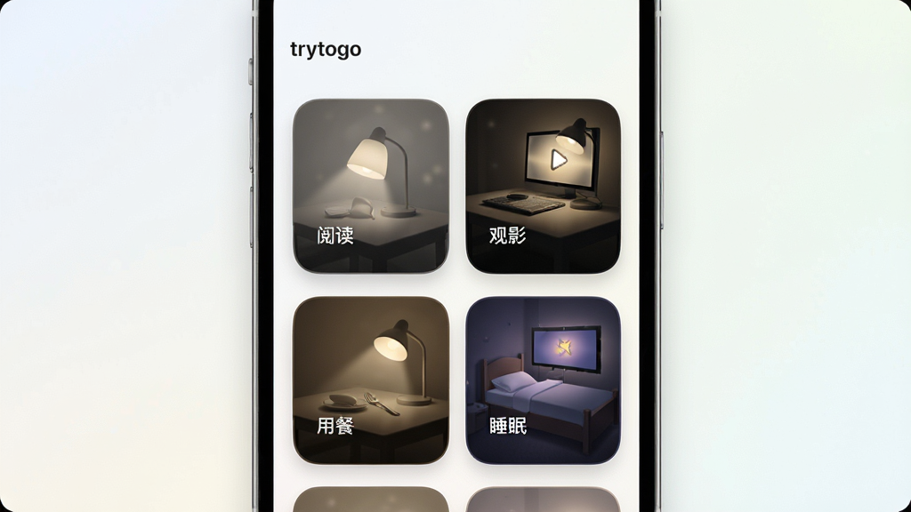 一张展示trytogo应用内场景模式切换功能的图片,主体为手机屏幕显示多个场景卡片,卡片上分别标注阅读、观影、用餐、睡眠等文字与对应灯光效果图,布局为网格排列,排版整齐,风格为清新简约,细节包括卡片圆角、图标精致、背景为浅色渐变,画质高清,干净,无多余元素