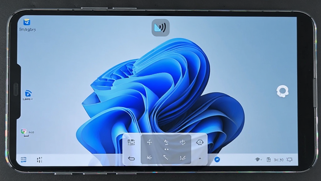 һ����׿�ֻ�����չʾ�ƶ��Ƶ���APP���ƶ�Windows���棬��Ļ�Ϸ��������ӳ�ָʾͼ�꣬�·���ʾ���ⴥ�ذ��������汳��Ϊ�����ɫ�����ֲ����ֻ�������д������ռ������λ�ã����Ϊ��Ʒʵ�ķ磬ϸ�����ֻ��߿�����΢���⣬����Ϊ���ɫ���棻�����������ɾ����޶���Ԫ�أ������в������κ����֡�