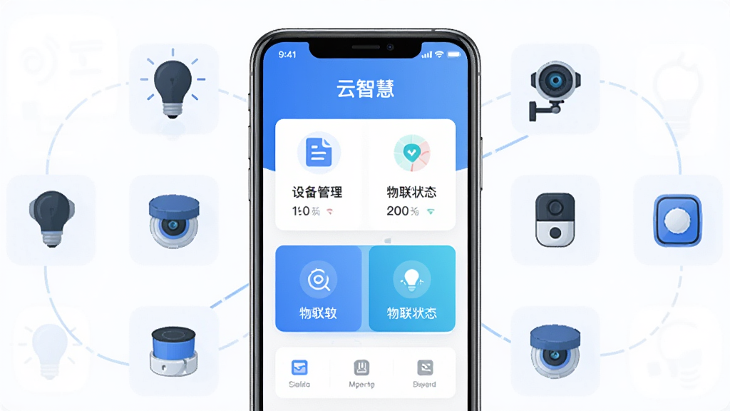 画面中央是一部智能手机,屏幕上显示着“云智慧”应用的主界面,界面设计简洁现代,包含设备管理卡片和物联状态图标,手机周围环绕着智能家居设备图标如灯泡、摄像头、传感器等,采用扁平化科技风格,蓝色与白色为主色调,布局清晰有序,画面干净明亮,高清画质,无多余元素