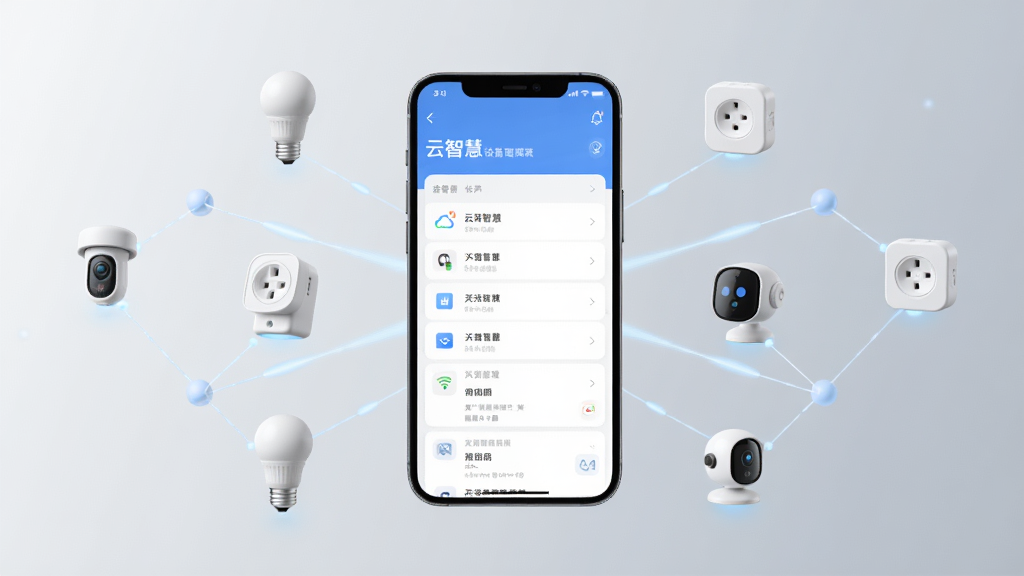 一部手机悬浮在画面中央,屏幕显示“云智慧”设备管理列表界面,周围漂浮着智能灯泡、智能插座、安防摄像头等设备的三维图标,图标之间以淡蓝色光线连接,背景为浅灰色渐变,整体风格简约科技,布局对称,画质清晰,干净无多余元素