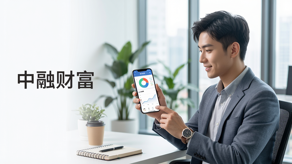 一位穿着商务休闲装的年轻用户坐在明亮的办公室内,手持智能手机查看中融财富App的资产总览页面,手机屏幕显示饼状图与收益曲线,背景有绿植和落地窗,布局为人物居中偏右,左侧留白处有中融财富字样,风格清新现代,细节包括手表、笔记本与咖啡杯,画质高清,干净,无多余元素