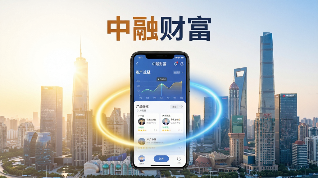 阳光明媚的现代城市天际线背景下,一部智能手机屏幕显示中融财富App主界面,界面包含资产总览图表与产品列表,手机周围环绕金色与蓝色渐变的光晕,画面中央上方有醒目的中融财富文字标识,整体布局左中右对称,风格商务科技感,细节包括图标按钮与数据卡片,画质清晰,干净,无多余元素