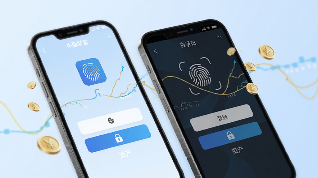 中融财富App在安卓手机上的登录界面与资产页面双屏展示,手机呈一定角度摆放,背景为淡蓝色渐变,画面中有浮动的金币与数据线条,布局为左右双机并列,风格金融科技感,细节包括指纹图标与安全锁标识,画质清晰,干净,无多余元素