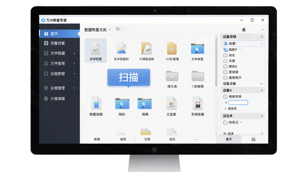 万兴恢复专家软件主界面全景展示,主体为电脑屏幕上一款中文数据恢复软件界面,左侧为功能导航栏,右侧为文件类型选择区域,布局清晰整洁,风格为现代科技感UI设计,细节包括文件图标、扫描按钮、设备选择面板,画质高清,画面干净,无多余元素