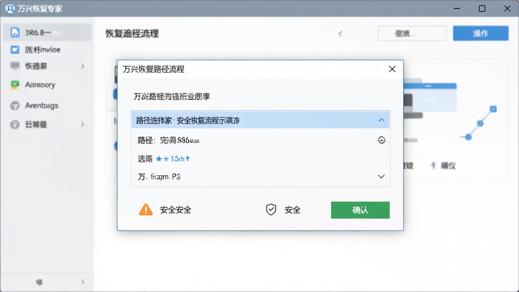 万兴恢复专家安全恢复流程示意图,主体为软件操作界面展示恢复路径选择对话框,布局为中央弹窗与背景软件界面,排版规整,风格为商务简约风,细节包括路径选择框、确认按钮、安全提示图标,画质清晰,画面干净,无多余元素
