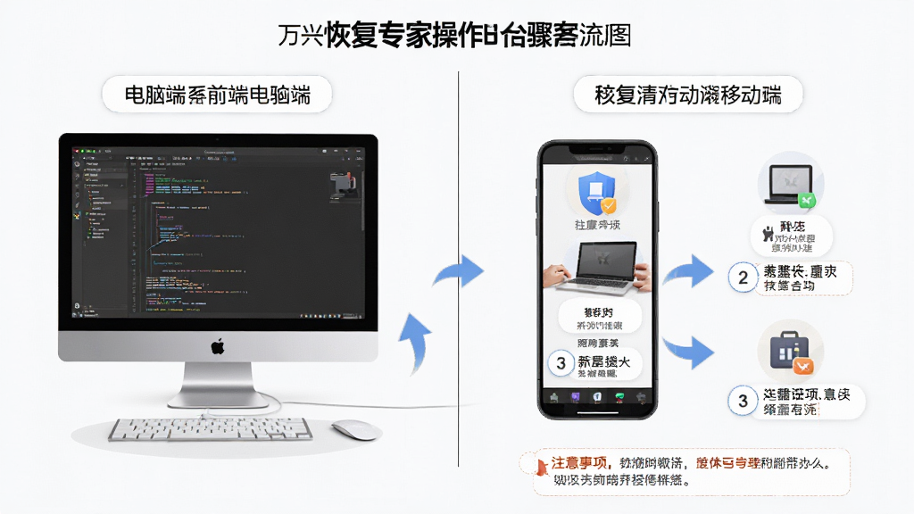 万兴恢复专家新手操作流程图,主体为软件操作步骤分解图,布局为左右分栏左侧电脑端右侧移动端,排版对比清晰,风格为教程图解风,细节包括步骤编号、箭头引导、设备图标、注意事项标注,画质高清,画面干净,无多余元素