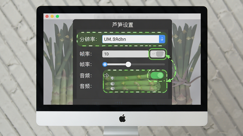 芦笋软件使用技巧示意图,主体为电脑屏幕显示芦笋录制设置面板,布局为居中展示各项参数选项,排版清晰易读,风格为扁平化设计风,细节包括分辨率下拉菜单、帧率选项、音频开关按钮、高亮标注区域,画质高清,干净,无多余元素
