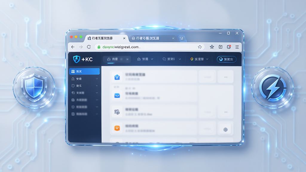 软件名称“行者无疆浏览器”主界面全景展示,中央为浏览器窗口,地址栏与多标签页清晰可见,左右两侧分布安全盾牌与极速引擎图标,整体布局简洁对称,排版采用上下结构,风格为现代科技风,细节包含蓝色光效、透明玻璃质感与流畅线条,画质4K,干净,无多余元素