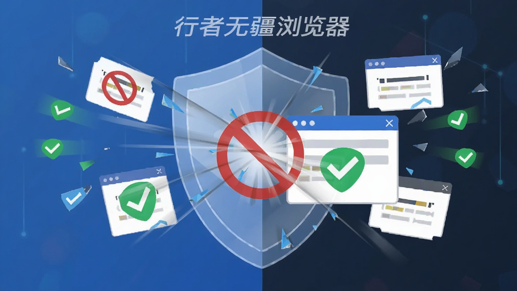 软件名称“行者无疆浏览器”的广告拦截功能展示,画面中心为一面透明盾牌挡住飞来的广告弹窗,布局为盾牌在前、广告碎片在后,排版为左右对比,风格为简洁扁平化,细节包含红色禁止符号与绿色对勾,画质4K,干净,无多余元素