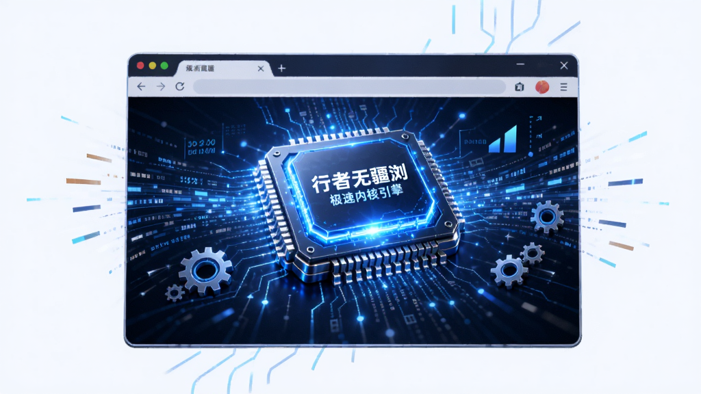 画面主体为“行者无疆浏览器”的极速内核引擎,以一颗发光的蓝色芯片居中呈现,布局为芯片悬浮于浏览器窗口上方,排版采用居中对称,风格为未来科技感,细节包括数据流光线、齿轮元素与速度线,画质8K,干净,无多余元素