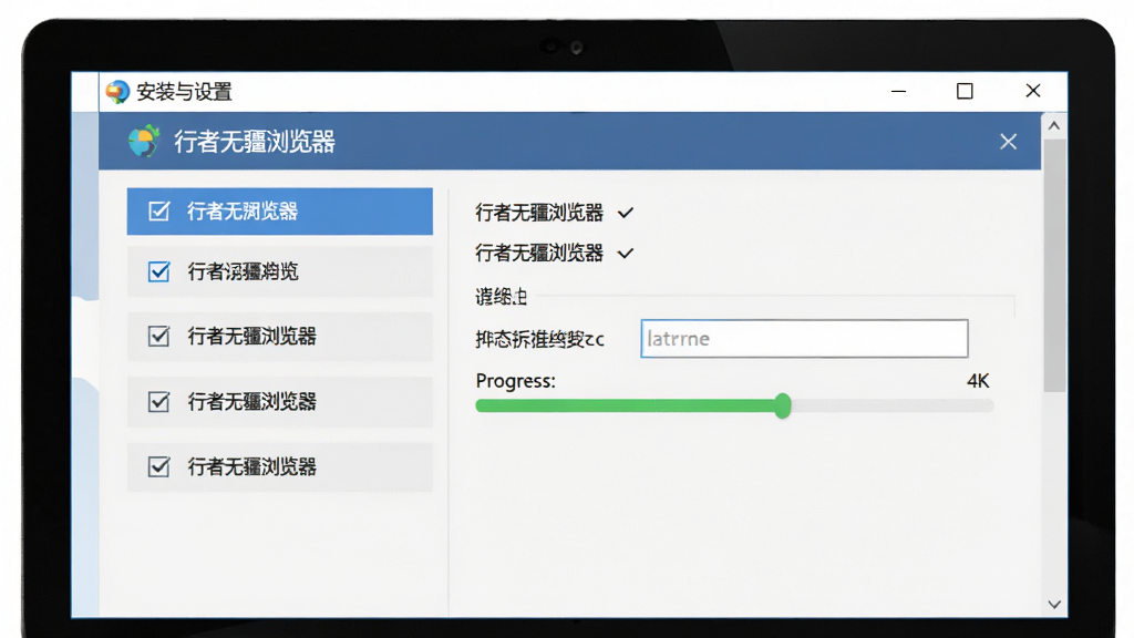 软件名称“行者无疆浏览器”安装与设置界面,画面主体为电脑屏幕显示安装向导,布局为左侧步骤列表、右侧选项面板,排版为左右分栏,风格为简洁办公风,细节包含勾选框、路径输入框与进度条,画质4K,干净,无多余元素