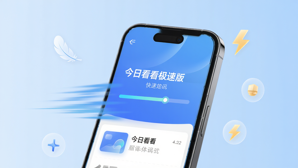 一部智能手机屏幕显示今日看看极速版正在快速加载资讯页面,画面中有速度线动画效果,背景为浅蓝色渐变,手机周围环绕着轻量化的图标如羽毛、闪电,风格简洁科技感,细节表现加载进度条和流畅的过渡动画,画质高清,干净无杂物