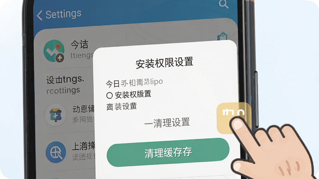 今日看看极速版新手操作示意图,画面展示手机屏幕上的安装权限设置界面和清理缓存按钮,旁边有卡通手指点击引导,风格为扁平化教学插画,细节包含设置菜单图标和提示文字,画质清晰,背景简洁