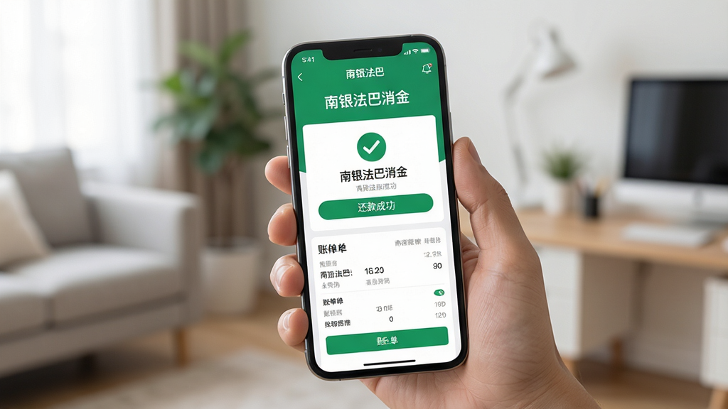 南银法巴消金移动端使用场景展示,画面为一只手握持智能手机,屏幕显示南银法巴消金App操作界面,包含还款成功提示与账单详情,背景为居家或办公环境虚化处理,布局以手机为中心,排版自然,风格生活化且专业,细节突出屏幕中的“南银法巴消金”文字与绿色成功标识,画质高清,画面干净,无多余元素